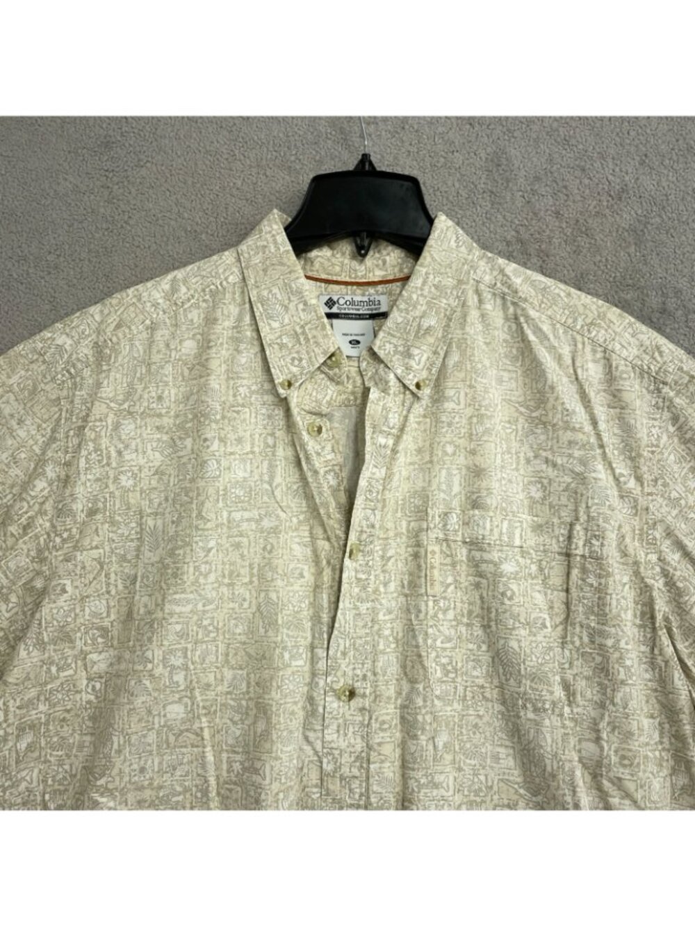 Columbia Men's XL Short Sleeve Button-Up Shirt Beige Graphic Print Cotton B1168 - Picture 7 of 8